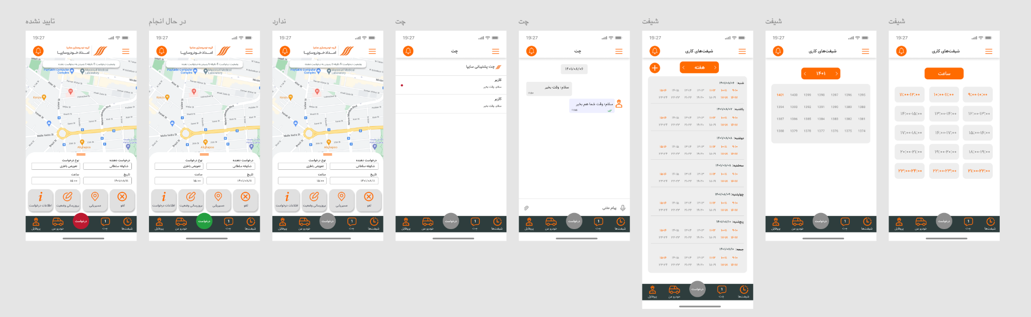 Field-provider screens showing request states, chat and shift management from the original Figma file